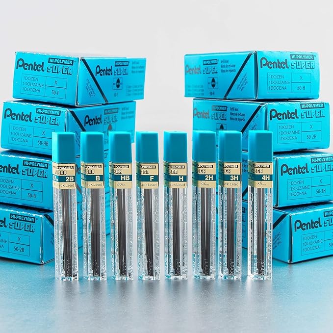 Pentel Super Hi-Polymer Leads, 0.7 mm, HB, Medium, Black, 12 Tubes of Lead, 144 Pieces of Lead (50-HB)