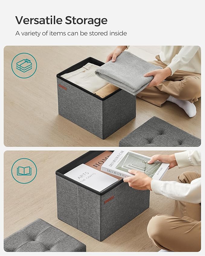 SONGMICS Small Folding Storage Ottoman, Set of 2, Foot Rest Stool, Cube Footrest, 12.2 x 16.1 x 12.2 Inches, 286 lb Load Capacity, for Living Room, Bedroom, Home Office, Dorm, Dark Gray ULSF102G21