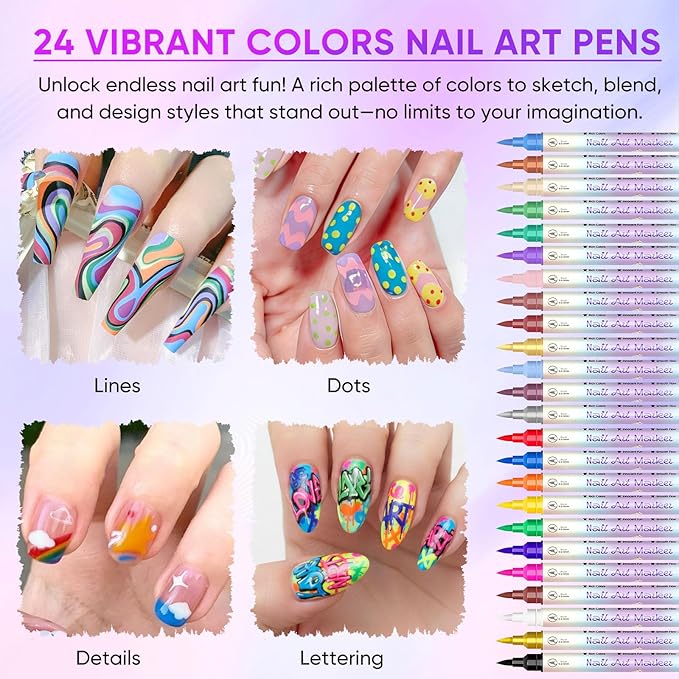 24 Colors Nail Art Pens Set, Nail Art Markers for 3D Nail Art, Nail Art Pens for Painting Nails Art Marker Drawing Painting Liner, Nail Polish Pens for DIY Nail Art Beauty Adorn Manicure Tools(1 Set)