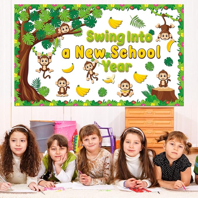 Monkey Tree Bulletin Board Swing Into A New School Year Classroom Bulletin Board Decorations Jungle Monkey Name Tag Paper Cutouts for Summer Back to School Wall Decor Teacher Supplies
