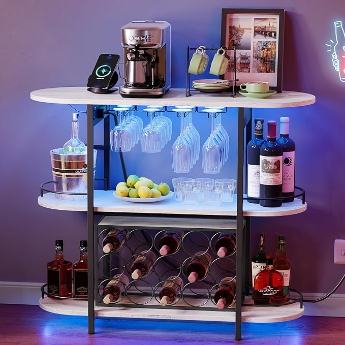 VASAGLE Bar Cabinets for Home, LED Coffee Bar with Power Outlets, Home Mini Bar for Liquor, Freestanding Wine Rack with Glass Holder, Kitchen, Dining Room, Rustic White ULWR007W01