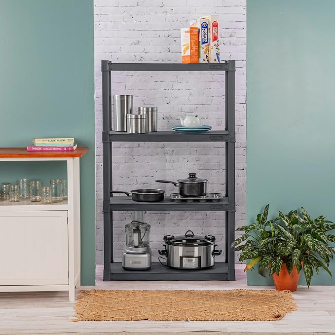 Sterilite 4 Shelf Plastic Storage Unit Bundled with Easy to Assemble Storage Cabinet for Garage, Pantry & Kitchen Organization, 4 Shelves, Gray