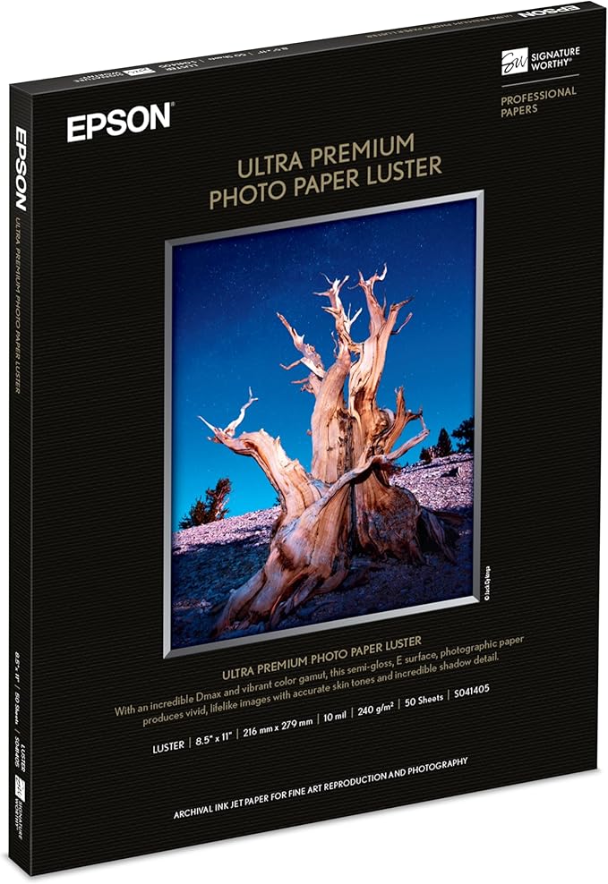 Epson S041405 Ultra Premium Photo Paper, 64 lbs., Luster, 8-1/2 x 11 (Pack of 50 Sheets),White (Packaging May Vary)