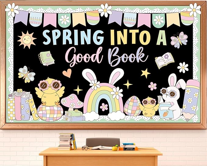 Spring Reading Bulletin Board Decorations Easter Spring into A Good Book Bulletin Board Set Pastel Chick Bunny Rainbow Books Cutouts for School Library Classroom Chalkboard Wall Party Decor Supplies