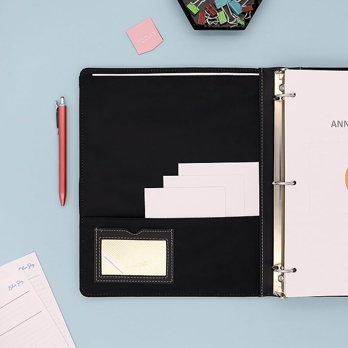 Blue Sky ProView Legacy Black 3 Ring Binder, Letter Size, 1", Textured Faux Leather Cover, Built-in Pockets, Holds 175 Sheets (94029)