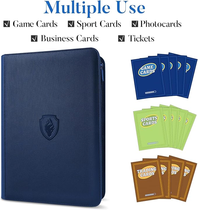 Premium Zip Card Binder, Fabmaker 9 Pocket Trading Card Binder, PU Cover Zipper Card Collection Album, Sturdy 360 Side-Loading Card Folder Holder for Game & Sports Cards, Navy Blue
