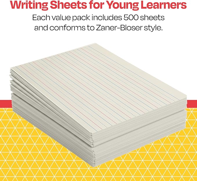 School Smart Zaner-Bloser Writing Paper, Handwriting Practice Lined Paper, Grade 2 to 3 Learning, 1/2 Inch Rule, 10-1/2 x 8 Inches, 500 Sheets