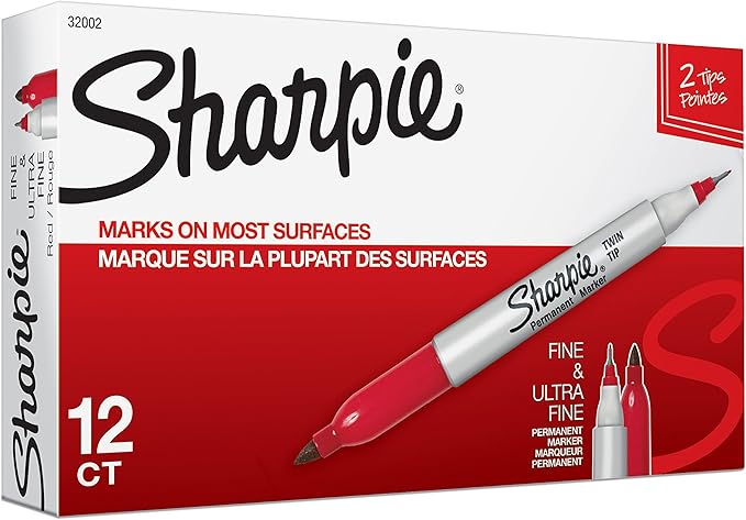 Sharpie Twin Tip Permanent Markers, Fine and Ultra Fine, Red, 12 Count