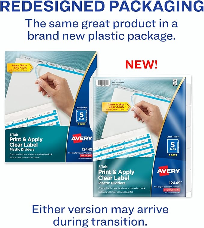 Avery 5 Tab Plastic Dividers for 3 Ring Binder, Easy Print & Apply Clear Label Strip, Index Maker Customizable Frosted White Tabs, 5 Sets (12449)