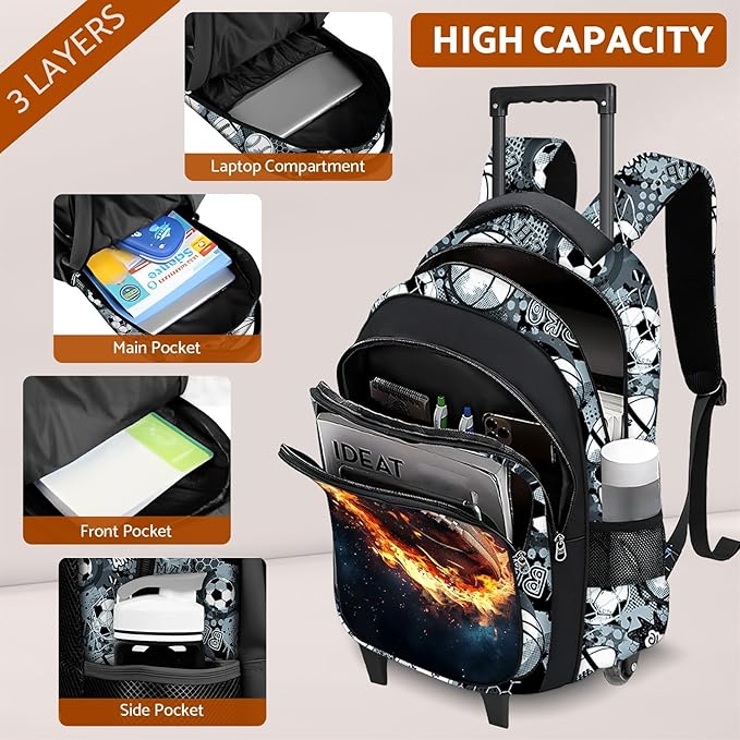 Boys Rolling Backpack for Kids - American Football Kids Rolling Backpack with Wheels for Elementary Middle School Students - Roller School Bookbag Aged 6-18, Wheeled Travel Bag Large Capacity