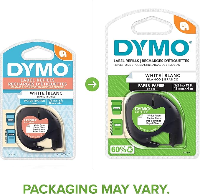 DYMO LetraTag Labeling Tape, Label Makers, Black Print on White Paper, 1/2" W x 13' L, 1 Cassette