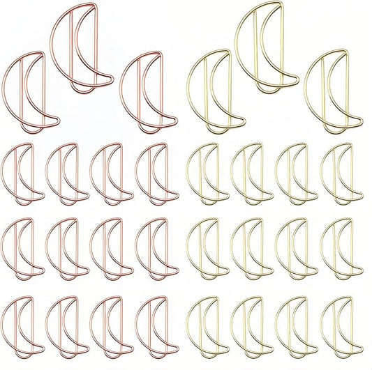 30 Pcs Moon Shaped Paper Clips Set in Gold & Rose Gold, Metal Cute Paperclips Bookmarks Planner for Office and School File Organization, Party and Wedding Decor