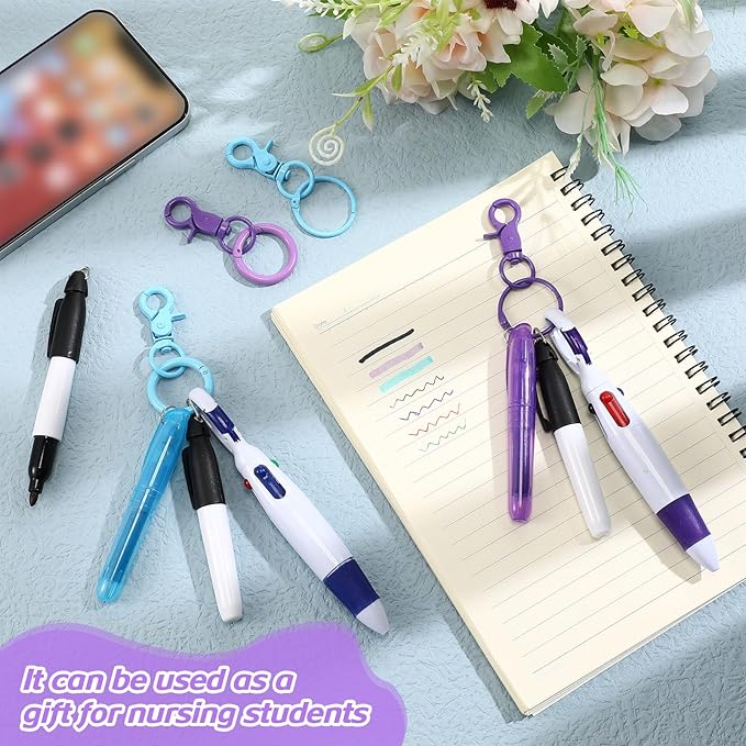 Sabary Mini Highlighter Nurse Pen Pack Set Nurse Pens for Badge Include Pink and Purple Tip Highlighter 2 Permanent Marker and 2 Retractable Ball with 2 Keychain Clip(Blue, Purple)