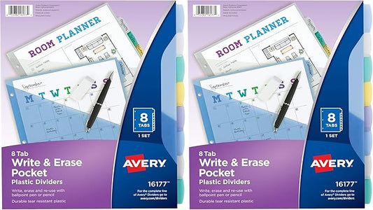 Avery Write & Erase Pocket Plastic Dividers for 3 Ring Binders,8-Tab Sets,Multicolor,Tabs Viewable Beyond Sheet Protectors,1 Set (16177),(Pack of 2)
