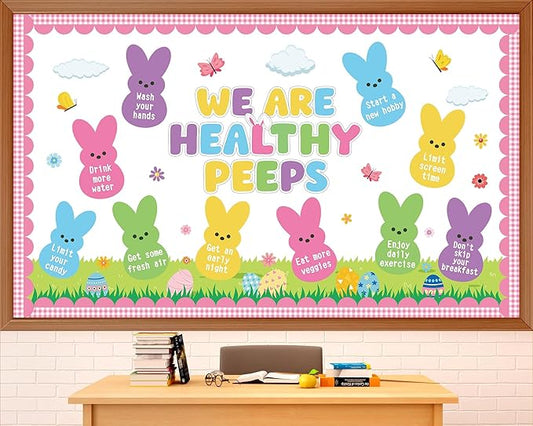 Easter Health Bulletin Board Set Easter Health Habits Classroom Decoration Spring Bunny Rabbit Good Habit Paper Cutouts Spring Classroom Decoration for Spring School Chalkboard Wall Decor Supplies