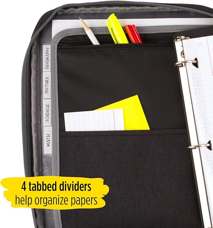 Five Star Zipper Binder, 1 Inch 3-Ring Binder with Round Rings, Carry-All with Pockets and 4-Tab Dividers, 375 Sheet Capacity, Black/Gray (29092IT8)
