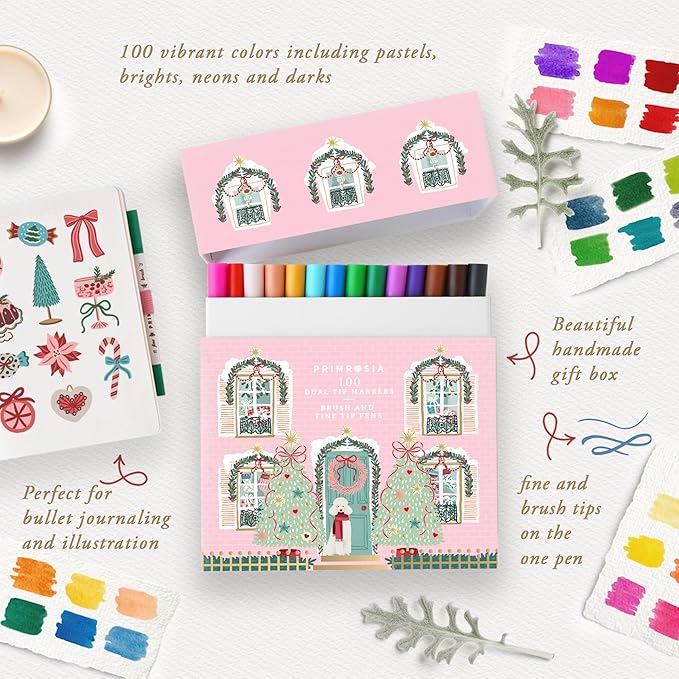 Primrosia 100 Dual Tip Marker Pens, Christmas Edition Gift Box. Fine & Brush Tip Set for Journaling, Calligraphy, Colouring, Sketching & Drawing. Artist Pens in Designer House Keepsake Box