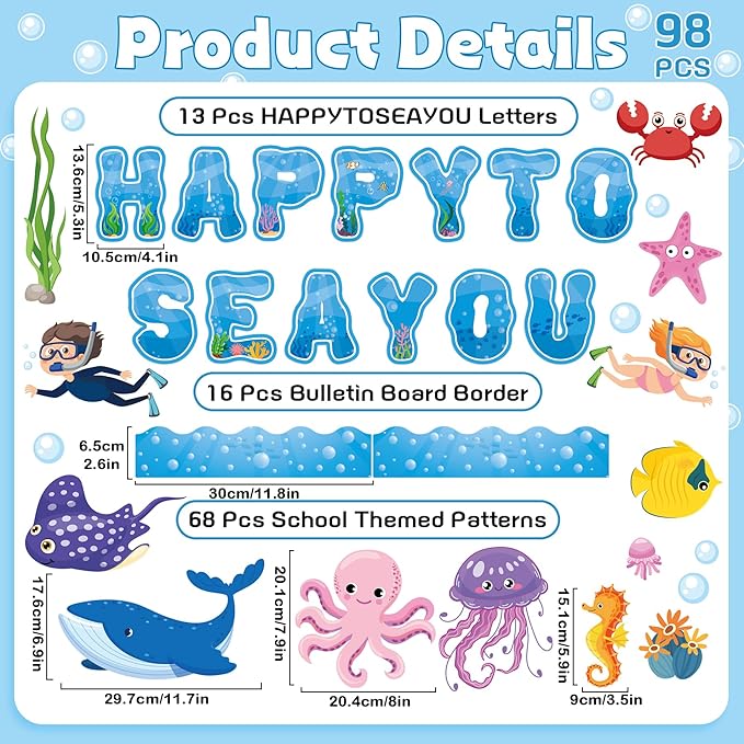 97 Pcs Ocean Animal Bulletin Board Decorations, Under The Sea Classroom Decorations Happy to Sea You Bulletin Board Decor for School Classroom Ocean Themed Party Supplies