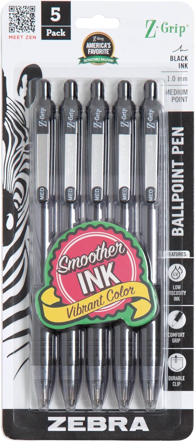 Zebra Pen Z-Grip Retractable Ballpoint Pen, Smooth-Flowing Black Ink, 1.0mm Medium Point, School & Office Supplies, Ideal for Note-Taking, Journal and Planner Use, 5-Pack (22215)