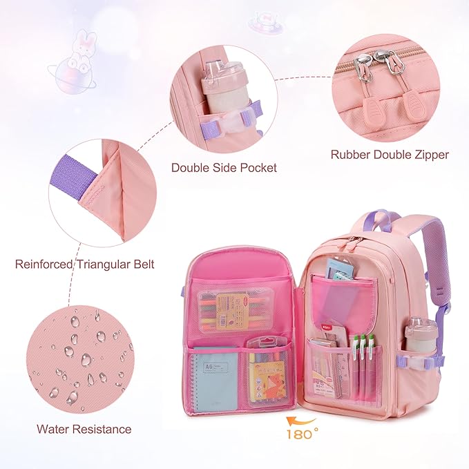 Girls Backpack Set, 3PCS Kids Backpack for Girls, Kawaii Bunny School Backpacks for Girl Kindergarten Elementary Preschool Middle School Bags with Lunch Box Pencil Case Pink