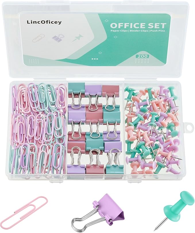 200pcs Paper Clips Binder Clips and Push Pins Set, Mini Clips and Thumb Tacks for Multipurpose Document Organization (Multicolor)