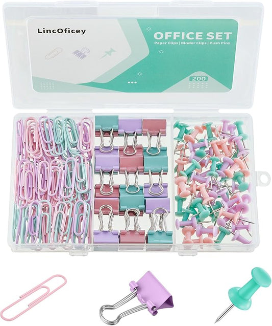 200pcs Paper Clips Binder Clips and Push Pins Set, Mini Clips and Thumb Tacks for Multipurpose Document Organization (Multicolor)