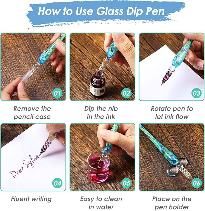 Outus 9 Pieces Glass Dip Pen Handmade Glass Signature High Borosilicate Crystal Vintage Dip Pen with 9 Pieces Penholder for Writing Drawing Calligraphy (Vintage Style,Fresh Color)