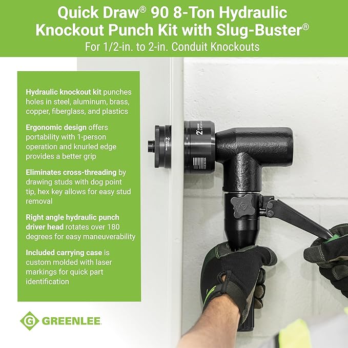 Greenlee 7906SB 8-Ton Hydraulic Knockout Punch Kit with Quick Draw 90 Knockout Driver, 1/2" to 2" Slug-Buster Punches, Dies, and Short Hydraulic Draw Studs