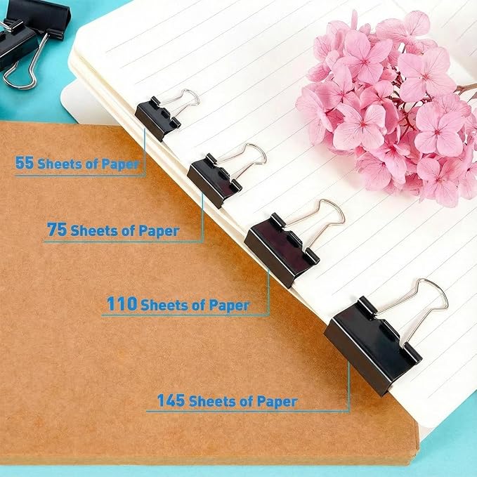 180 Pcs Binder Clips Assorted Sizes, Black Binder Paper Clips Office Clips Office Supplies, 4 Sizes Cute Binder Clips Large Medium Small Paper Clips Paper Clamps for Home School Business (Black)