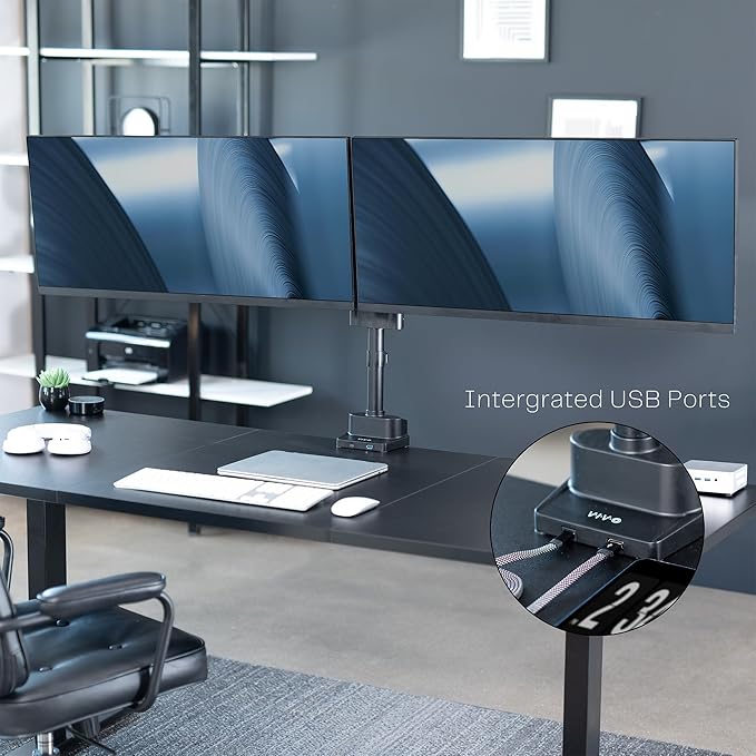 VIVO Premium Aluminum Full Motion Dual Monitor Desk Mount Stand with Lift Engine Arm, Pole Extension, and USB Ports, Fits Ultrawide Screens up to 40 inches, STAND-V102BDU