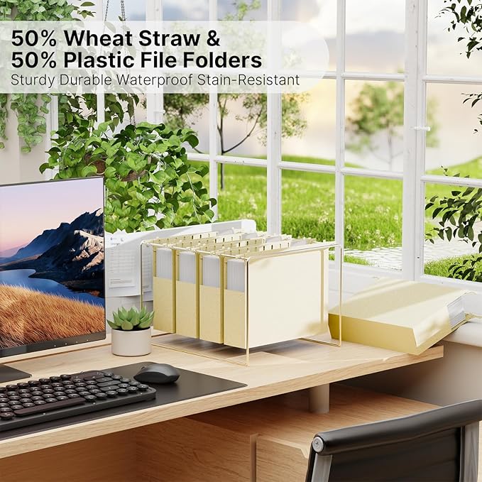XINGIA Wheat Straw Plastic Hanging File Folders,2 Inch Expansion Letter Size Filing Cabinet Folders,Heavy Duty Expandable File Folder,12 Pack Extra Capacity Hanging Folders with Tab (Morandi Beige)