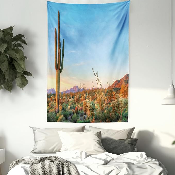 Ambesonne Saguaro Tapestry, Sun Goes down in Desert Prickly Pear Cactus Southwest Texas National Park, Fabric Wall Hanging Decor for Bedroom Living Room Dorm, 23" X 28", Orange and Blue