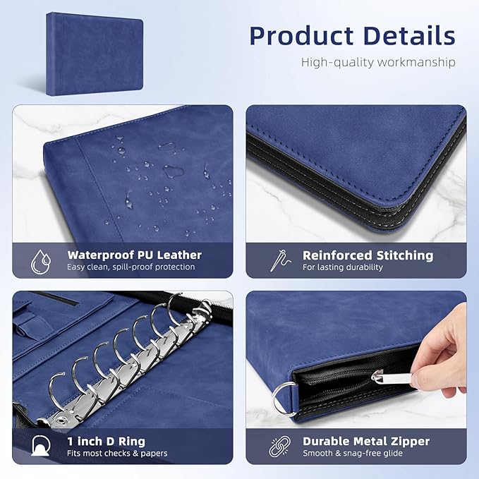 Ospelelf Blue Zippered 7 Ring Check Binder for Business Checks (9" x 13"), 1 Inch Faux Leather Checkbook Portfolio with Zipper Pouch, Professional Binder Organizer for Accountants, Home Use