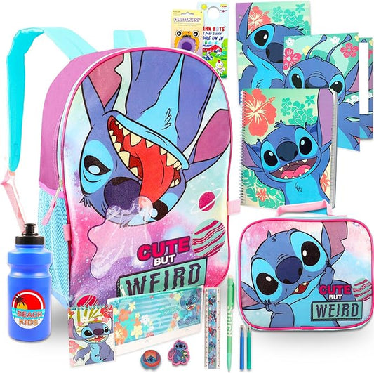 Disney Stitch Backpack with Lunch Box for Kids Set - Bundle with 16" Backpack, Lunch Bag, Folders, Notebook, Water Bottle, Stickers, More | Lilo and Stitch School Supplies for Girls