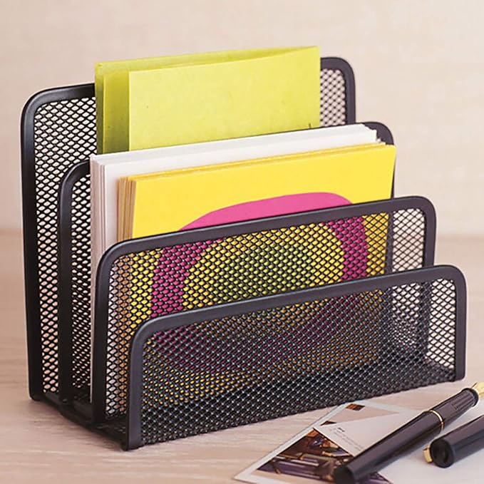 VANRA Small Letter Sorter Desktop File Holder Organizer Metal Mesh with 3 Vertical Upright Compartments (Black)