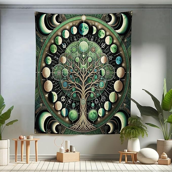 Ambesonne Green Tapestry Twin Size, Moon Phases Around a Tree of Life Enhance Night Boho Astrology Design Print, Wall Hanging Bedspread Bed Cover Wall Decor, 68" X 88", Black Ecru and Blue