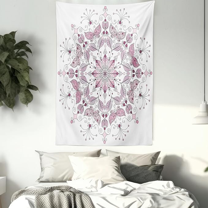 Ambesonne Mandala Tapestry Twin Size, Lacy Inspired Pastel Floral Motif with Butterfly and Lotus Branches Design, Wall Hanging Bedspread Bed Cover Wall Decor, 68" X 88", White Pale Pink