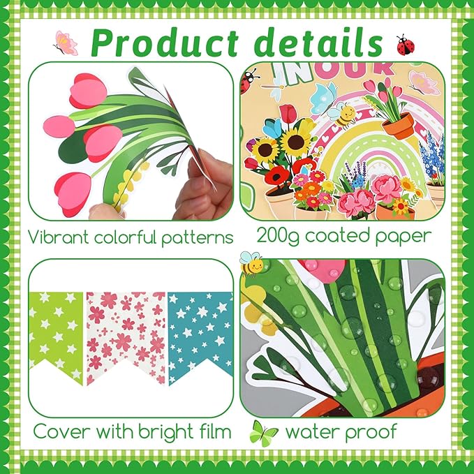 52 Pcs Spring Flower Bulletin Board Decorations Set Spring Floral Classroom Decorations Rainbow Insect Butterfly Bulletin Board Paper Cutouts for School Classroom Office Home Wall Decor