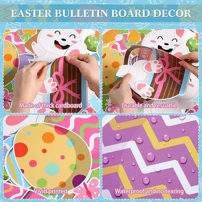 Pajean Easter Bulletin Boards Easter Classroom Decor Christian Religious Bulletin Board He is Risen Cross Bunny Egg Cutouts for Spring School Home Church Wall Door(Bunny)