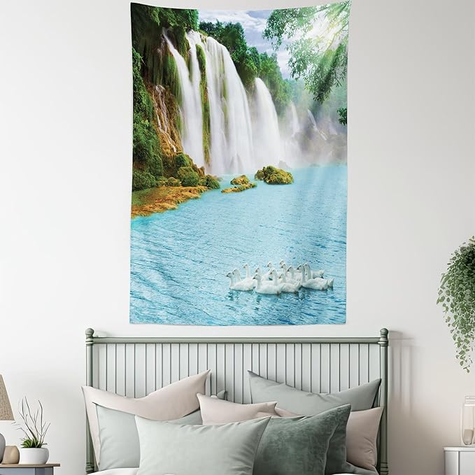 Ambesonne Waterfall Tapestry Queen Size, Image of a Grand Waterfall with Swans in the Lake Sunny Day Nature Print, Wall Hanging Bedspread Bed Cover Wall Decor, 88" X 88", White Green