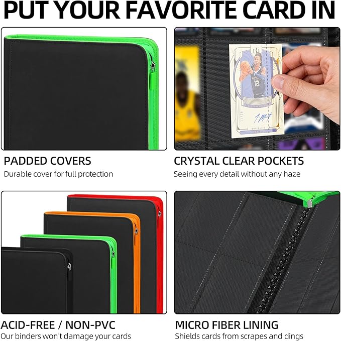 Premium Trading Card Storage Album,9 Pocket 40 Side Pages, 360 Cards,Black Zipper Binder for Collectible Games, Sports Card Organization&Protection (Black Fluorescent Orange Color)