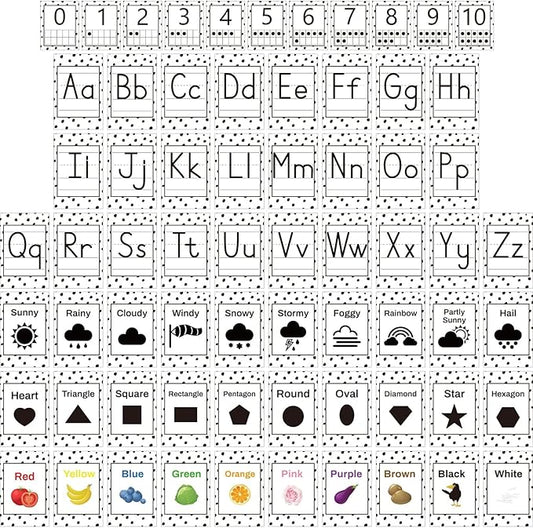 67 PCS Classroom Alphabet Number Educational Poster Cards with Weather Shape Color Learning Cards Decorations, Black and White Polka Dot Bulletin Board Letter, School Home Wall Decor for Teacher