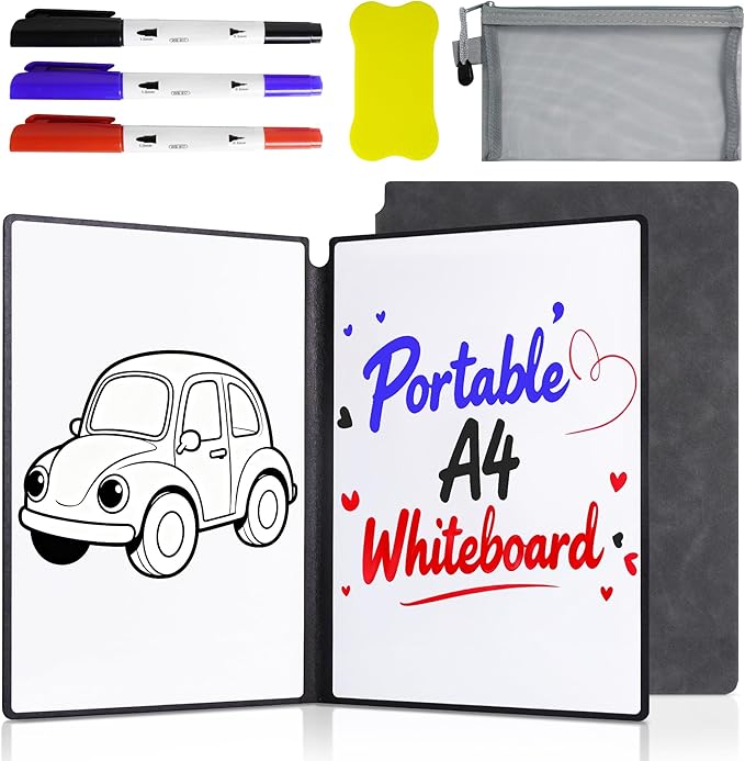 Portable White Board Dry Erase Notebook 12" x 9" (A4), Double Sided Folding Reusable Whiteboard with 3 Markers & 1 Pen Bag, Anti-Ghosting & Anti-Smudg Surface Notebook for Study, Meeting (Black)
