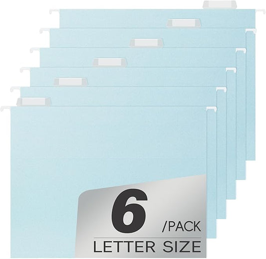 High Capacity Blue Hanging File Folders,Pastel Colors,Heavy Duty for Filing Cabinet,Insertable Tabs,Letter Size-6 Pack
