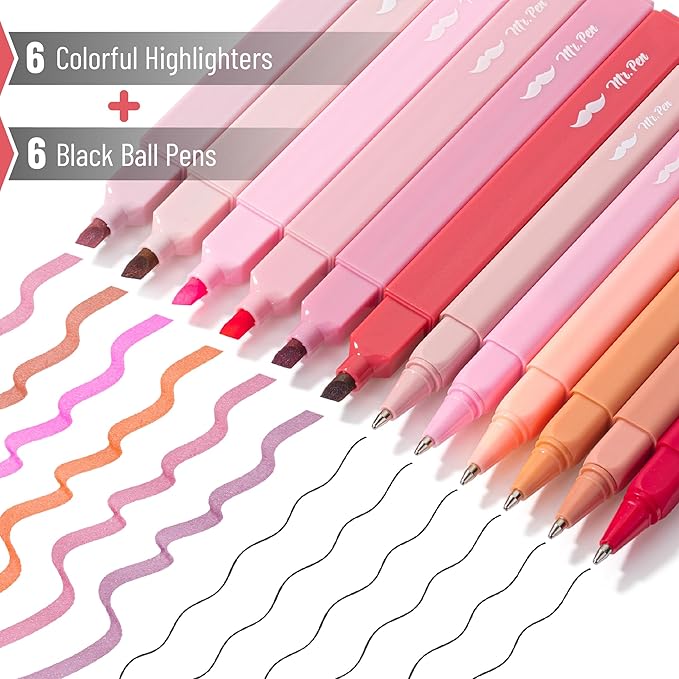 Mr. Pen- Aesthetic Highlighters and Pens, 12 Pack, Shades of Pink, No Bleed Bible Highlighters and Pens, Black Ink