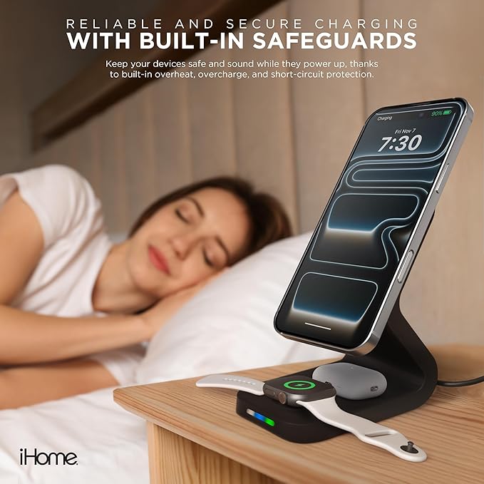 iHome 15W 3-in-1 Magnetic Wireless Charging Stand, MagSafe Compatible, Charges Up to 3 Devices