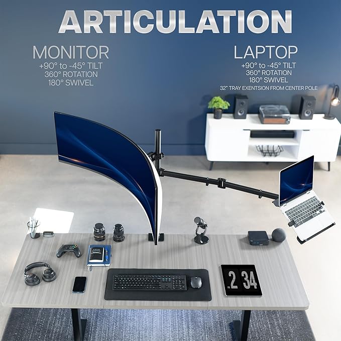 VIVO Ultrawide Monitor + Laptop Mount for up to 49 inch Screens and 10 to 15.6 inch Laptops, Double Screen Viewing, Smooth Articulation, Black, STAND-V113L