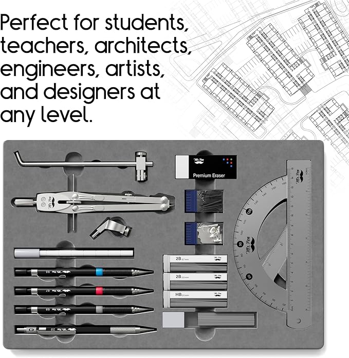 Mr. Pen- Professional Geometry Set, Silver Geometry Kit for Artists, Metal Rulers and Compasses, Mechanical Pencil Set, Drafting Tools & Drafting kits