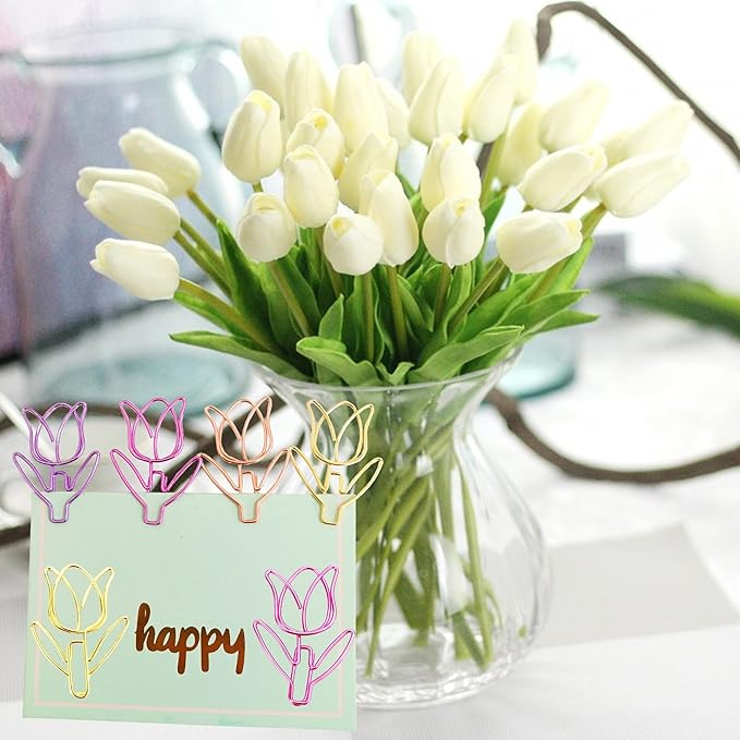 40 Pcs Metal Flower Paper Clips Set, Cute Large Decorative Paperclips for File Organization, School, Home Office and Wedding Decor 4 Colors(TULIPFLOWER)