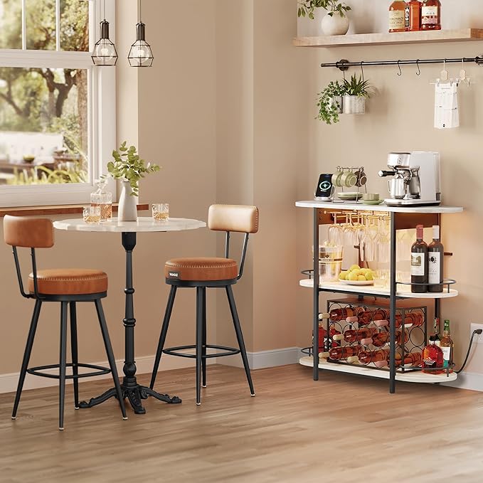 VASAGLE Bar Cabinet with LED Lights and Power Outlets, Freestanding Coffee Bar Wine Cabinet, Wine Rack, Glass Holder, Mini Bar for Liquor and Glasses, Kitchen, Dining Room, Rustic White ULWR007W01S